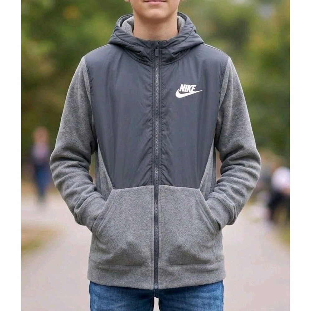 Nike Boys Youth XL Gray Black Fleece Full Zip Hoodie Jacket AA0064-091 Coat